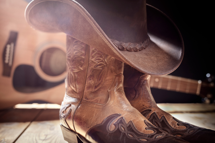 cowboy boot with a cowboy hat on top